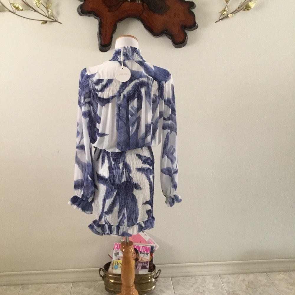 HP- LUXXEL BLUE&WHITE PRINT DRESS/LINED SHEER FULL SLEEVES/RUCHED BOTTOM/SZ S - Picture 3 of 11